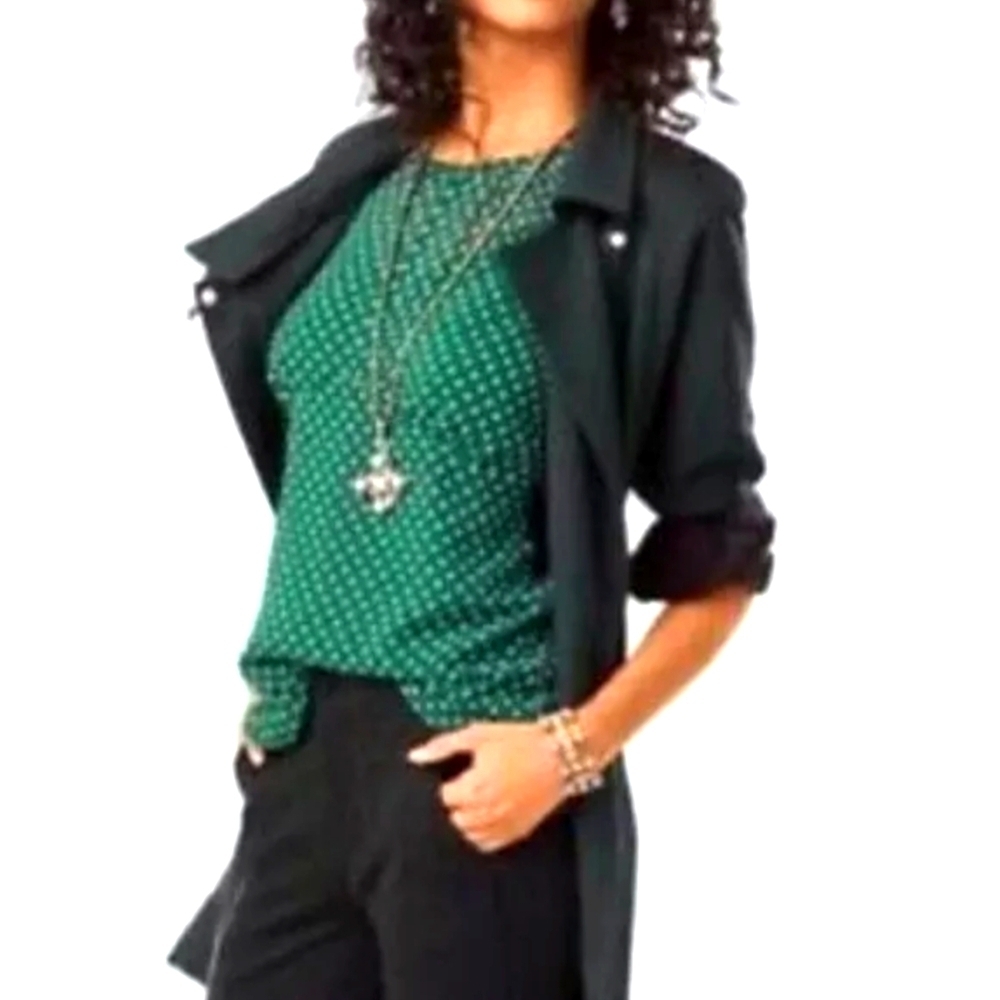 CABI | Sheer Blanca Flirt Green and lavender Polkadot Top